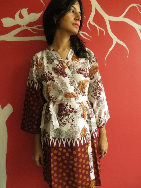 White Maroon leafy Knee Length, Kimono Crossover Belted Robe-0