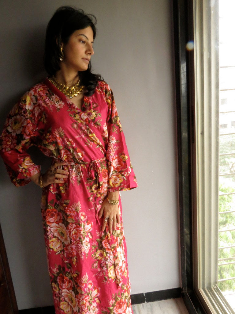 Magenta Floral Ankle Length, Kimono Crossover Belted Robe-A6 fabric Code-4