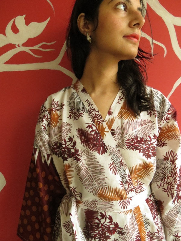 White Maroon leafy Knee Length, Kimono Crossover Belted Robe-2