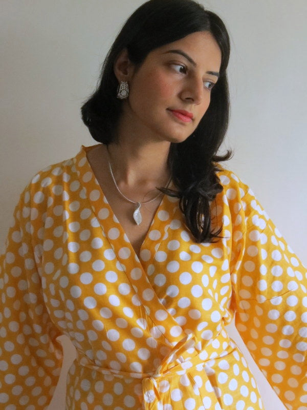 Yellow Polka Dots Knee Length, Kimono Crossover Belted Robe-3