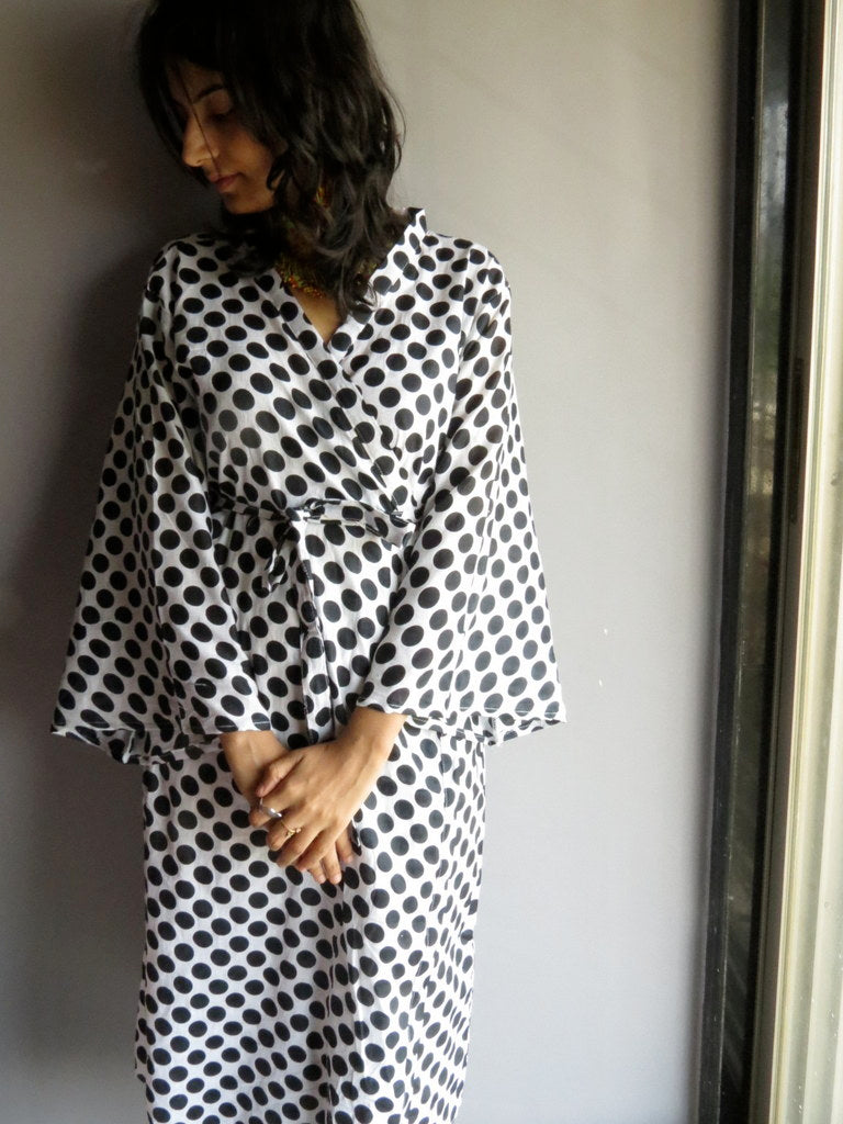 White Black Dots MidCalf Length, Kimono Crossover Belted Robe-2
