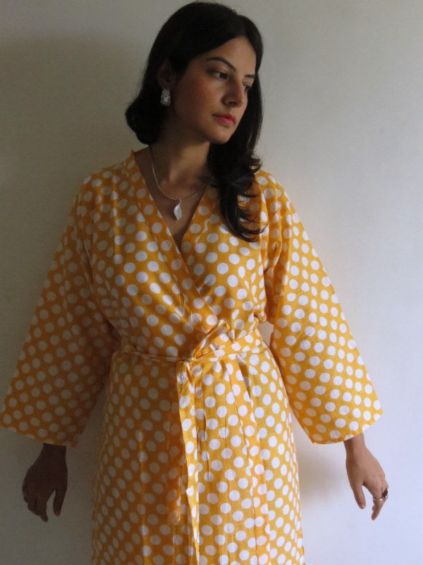 Yellow Polka Dots Knee Length, Kimono Crossover Belted Robe-2