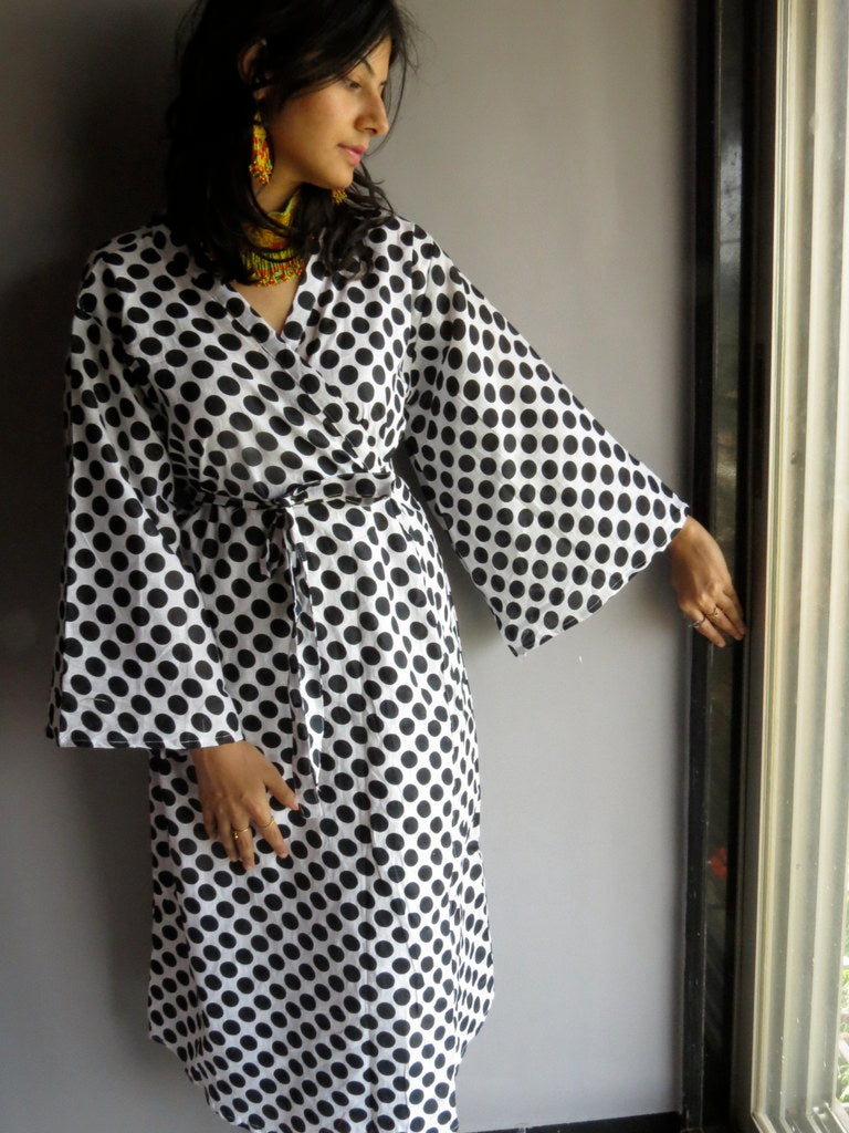 White Black Dots MidCalf Length, Kimono Crossover Belted Robe-1