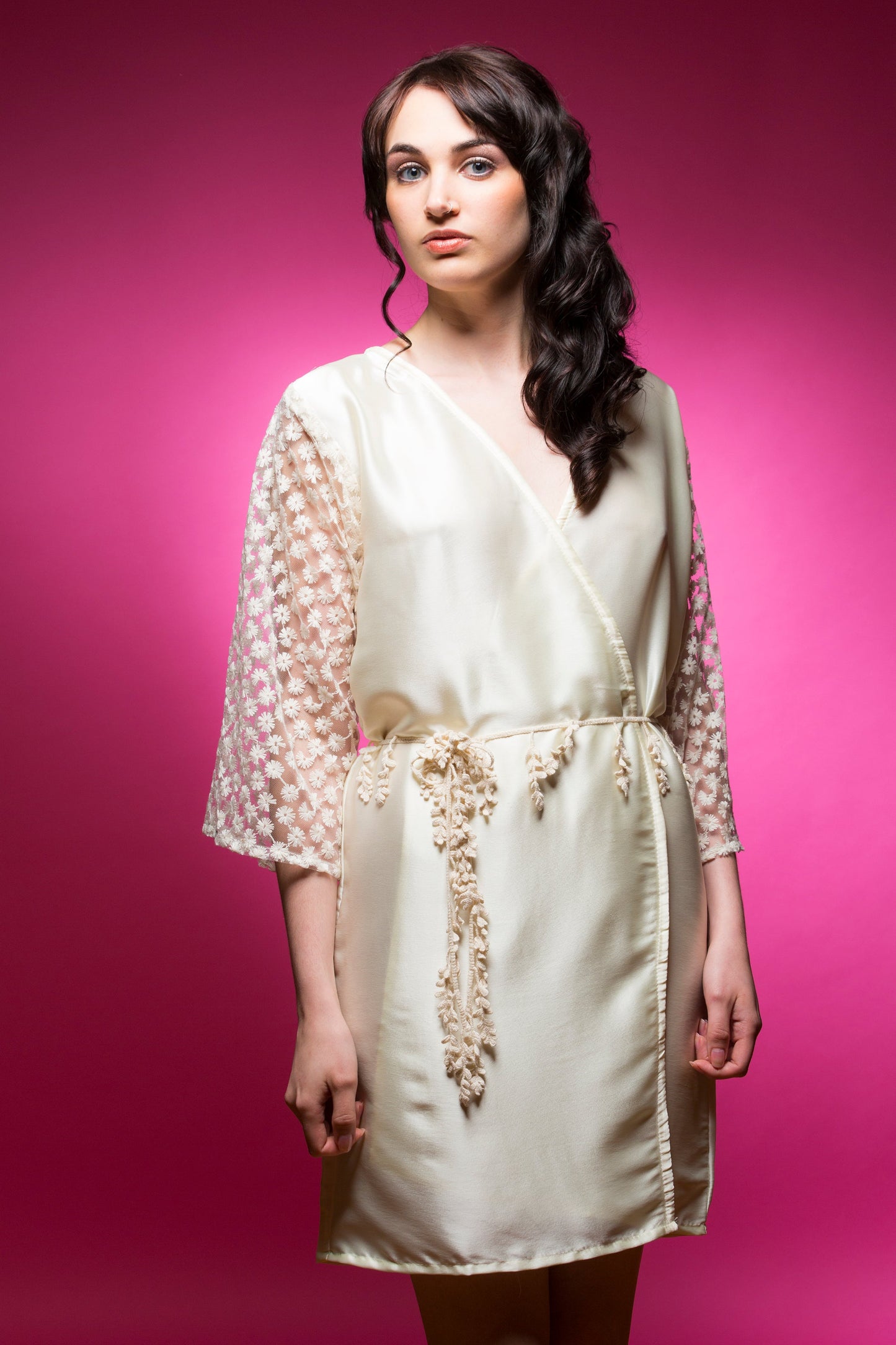 Ivory Satin Robe with Full Length Lace Sleeves-3