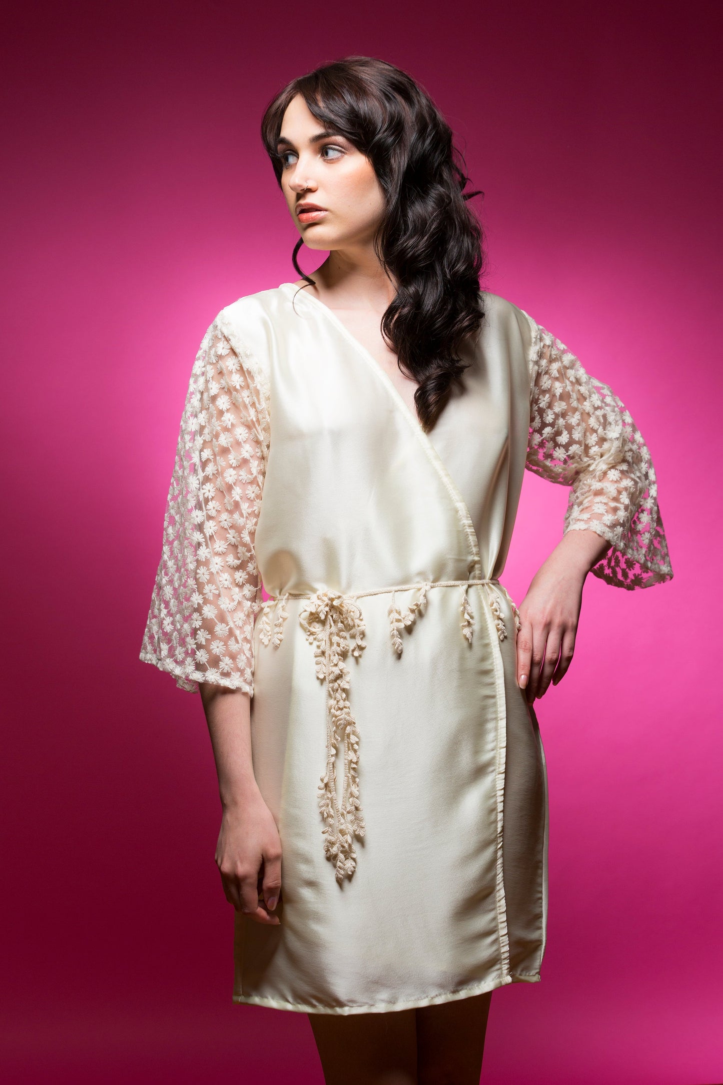 Ivory Satin Robe with Full Length Lace Sleeves-2