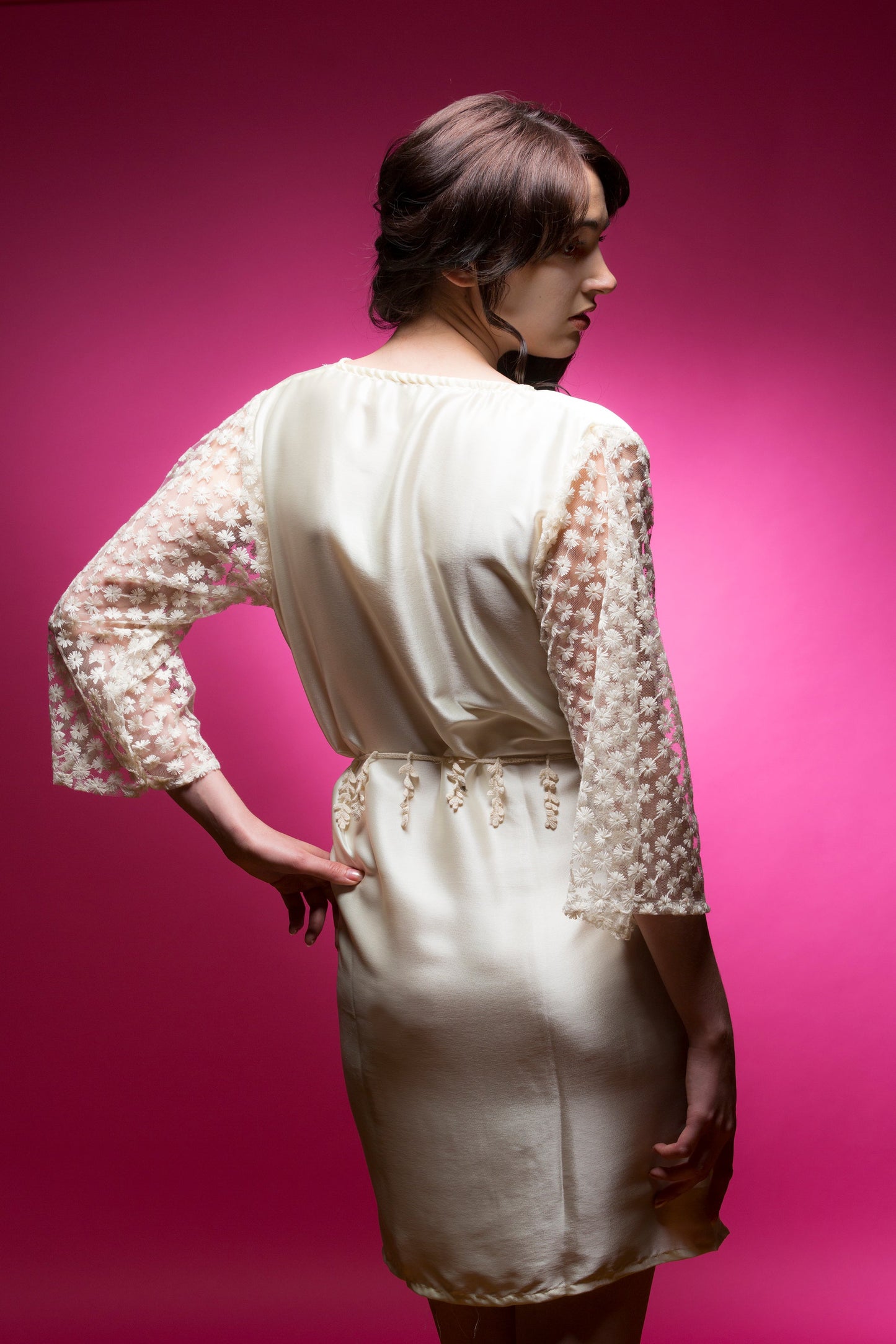 Ivory Satin Robe with Full Length Lace Sleeves-1