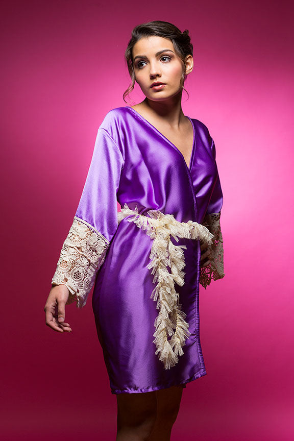 Amethyst Purple Satin Robe with Lace Accented Cuffs-3