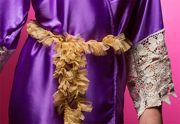 Amethyst Purple Satin Robe with Lace Accented Cuffs-1