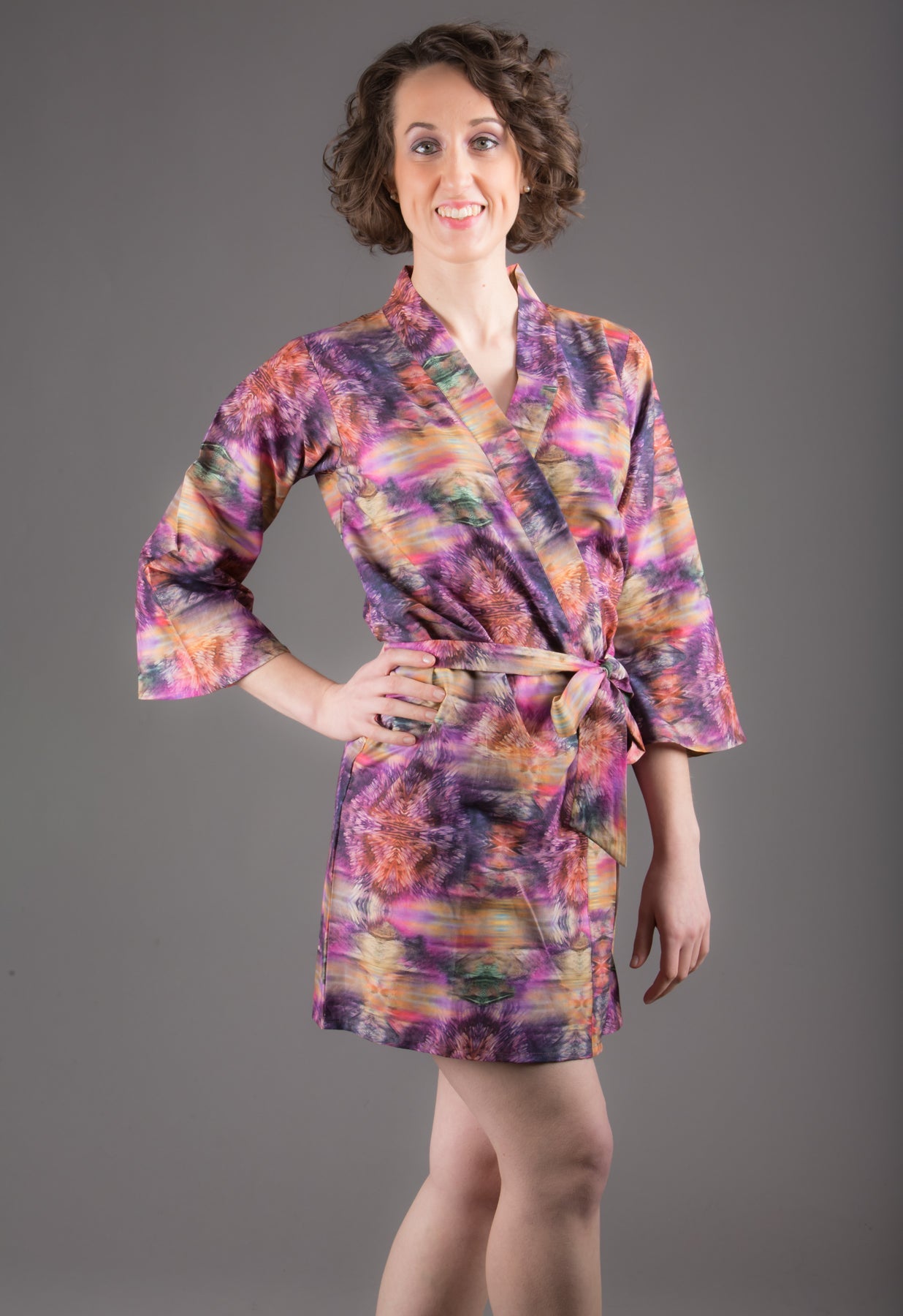Purple Silk/Cotton Blend Digital Print Floral Knee Length, Kimono Crossover Belted Robe-0
