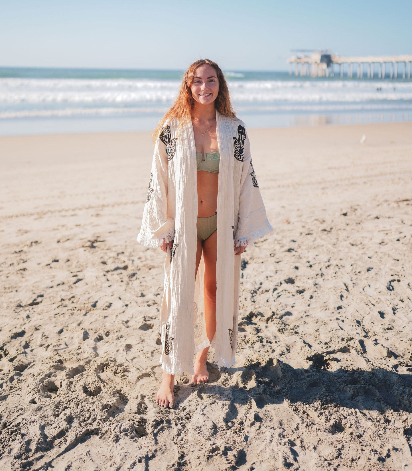 MUSLIN COTTON KIMONO BATHROBE HAMSA HAND PRINT-3