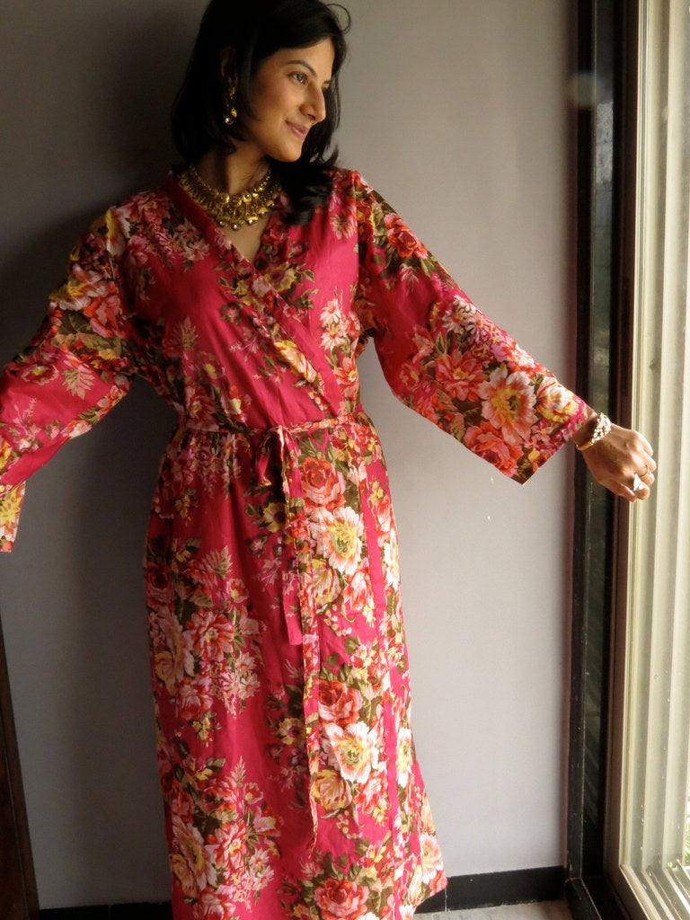 Magenta Floral Ankle Length, Kimono Crossover Belted Robe-A6 fabric Code-0