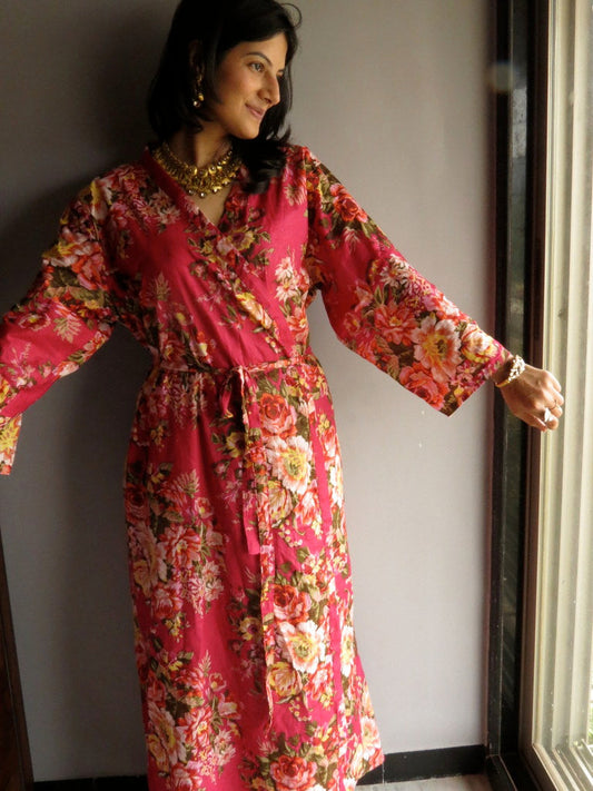 Magenta Floral Ankle Length, Kimono Crossover Belted Robe-A6 fabric Code-0