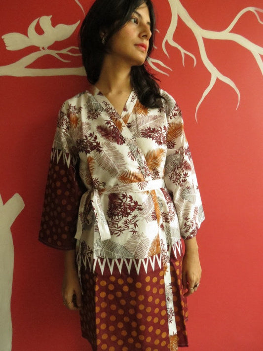 White Maroon leafy Knee Length, Kimono Crossover Belted Robe-0