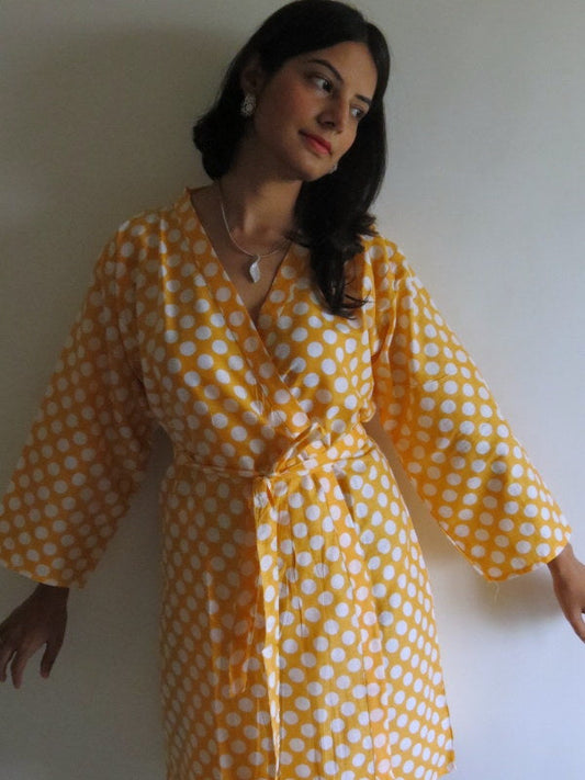 Yellow Polka Dots Knee Length, Kimono Crossover Belted Robe-0