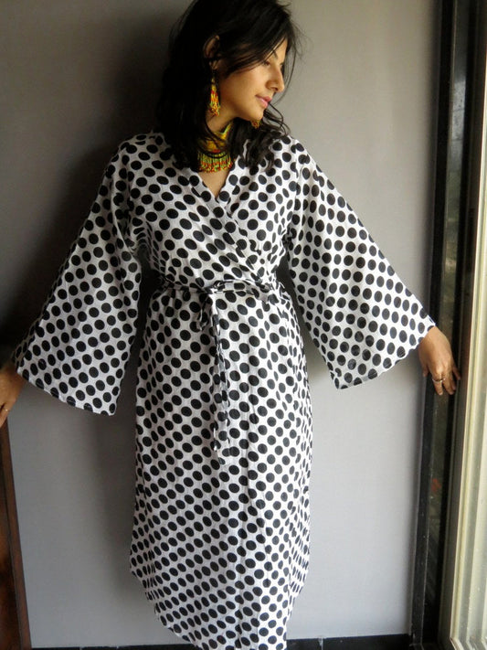 White Black Dots MidCalf Length, Kimono Crossover Belted Robe-0