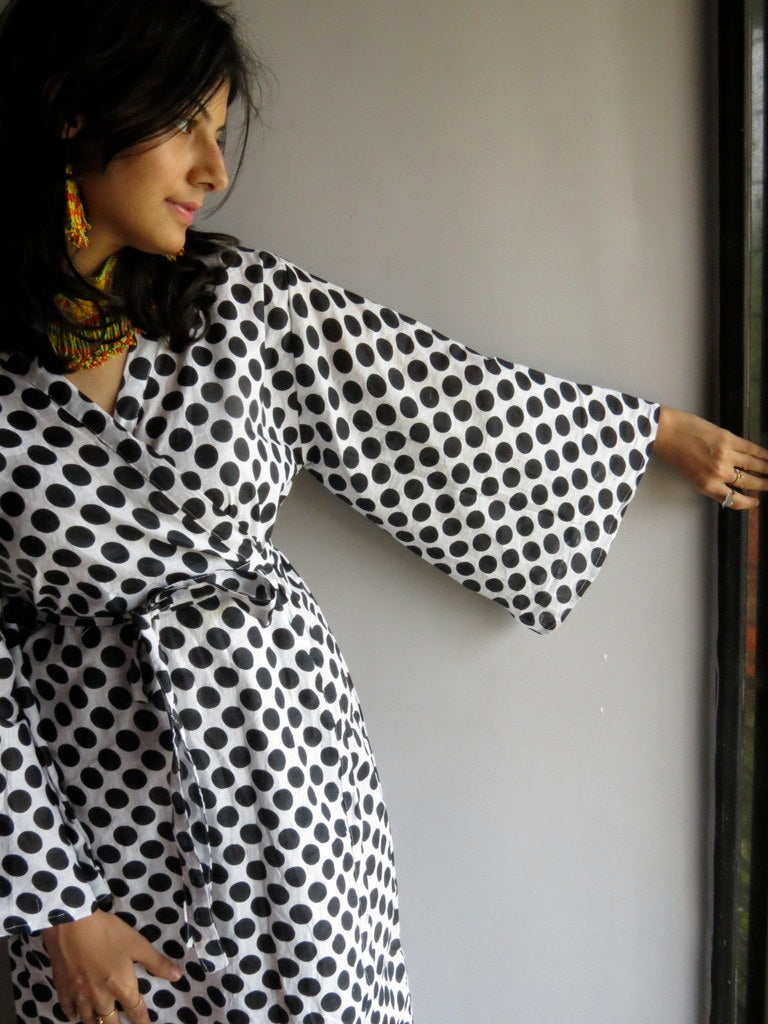 White Black Dots MidCalf Length, Kimono Crossover Belted Robe-4