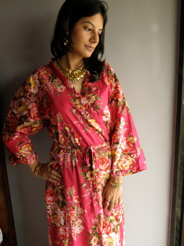 Magenta Floral Ankle Length, Kimono Crossover Belted Robe-A6 fabric Code-3