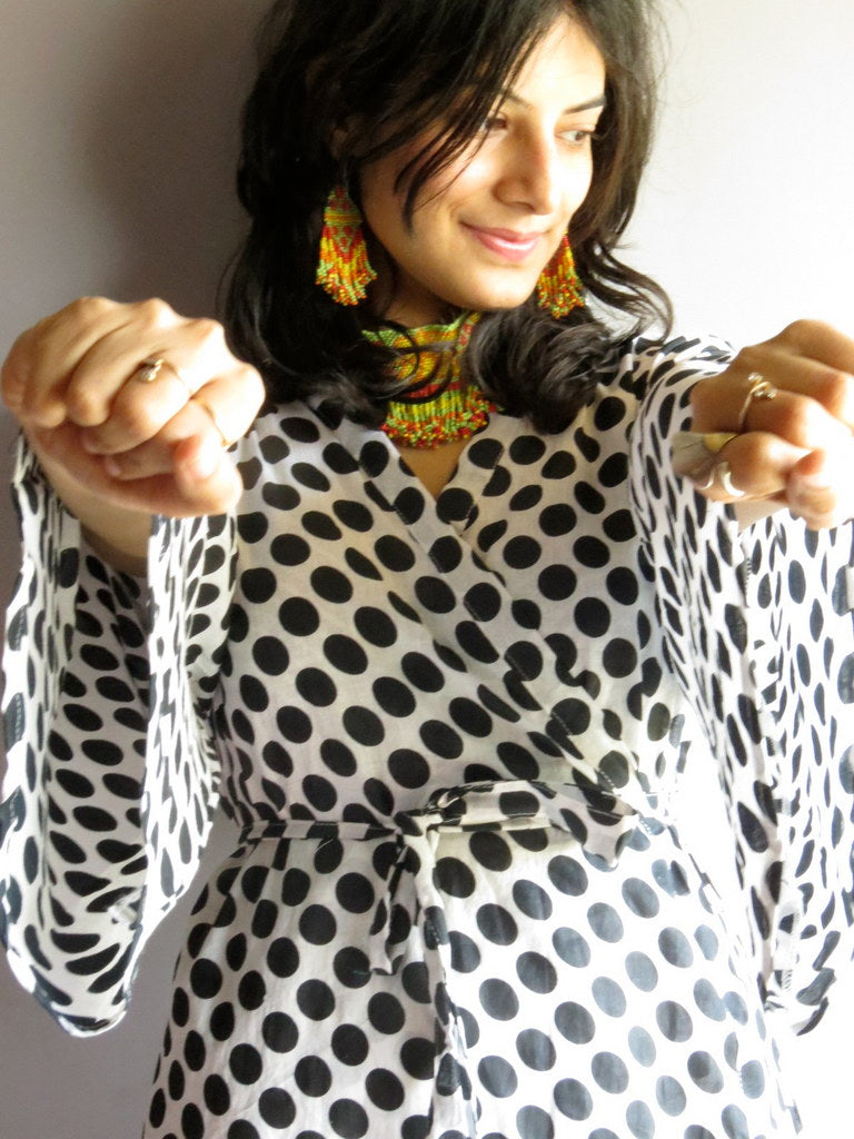 White Black Dots MidCalf Length, Kimono Crossover Belted Robe-3