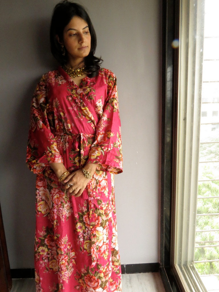 Magenta Floral Ankle Length, Kimono Crossover Belted Robe-A6 fabric Code-2