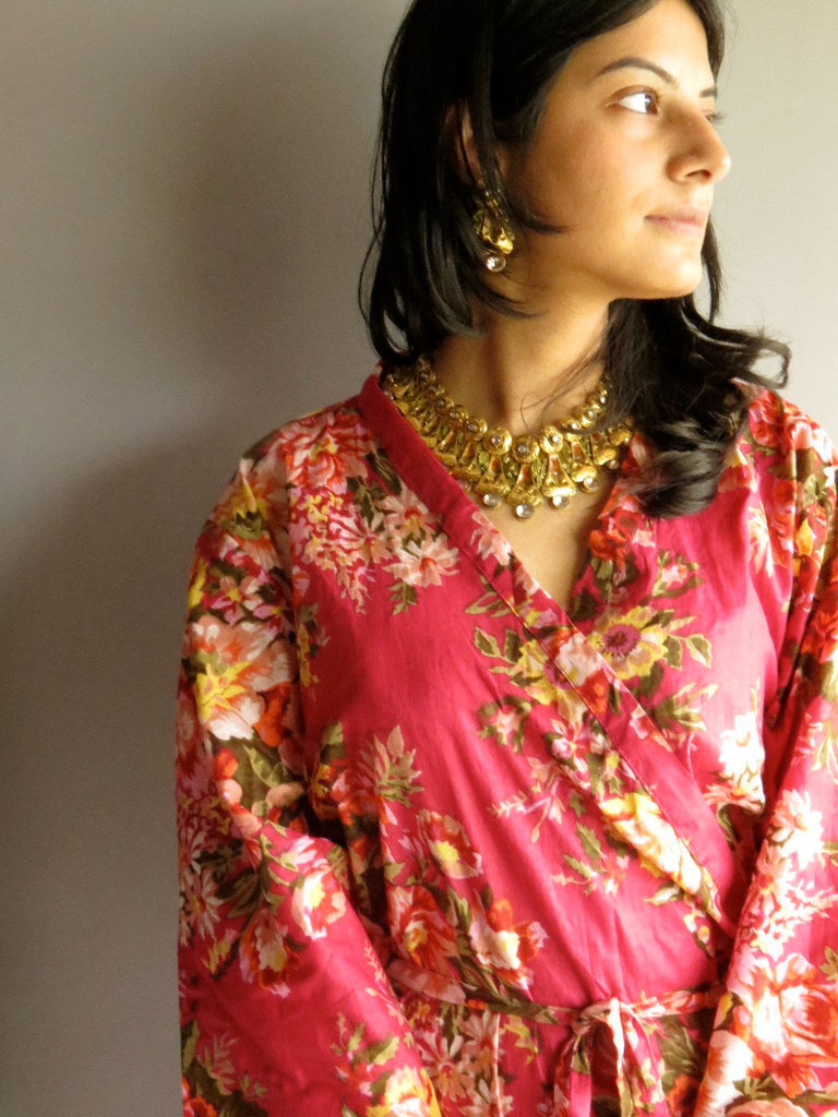Magenta Floral Ankle Length, Kimono Crossover Belted Robe-A6 fabric Code-1