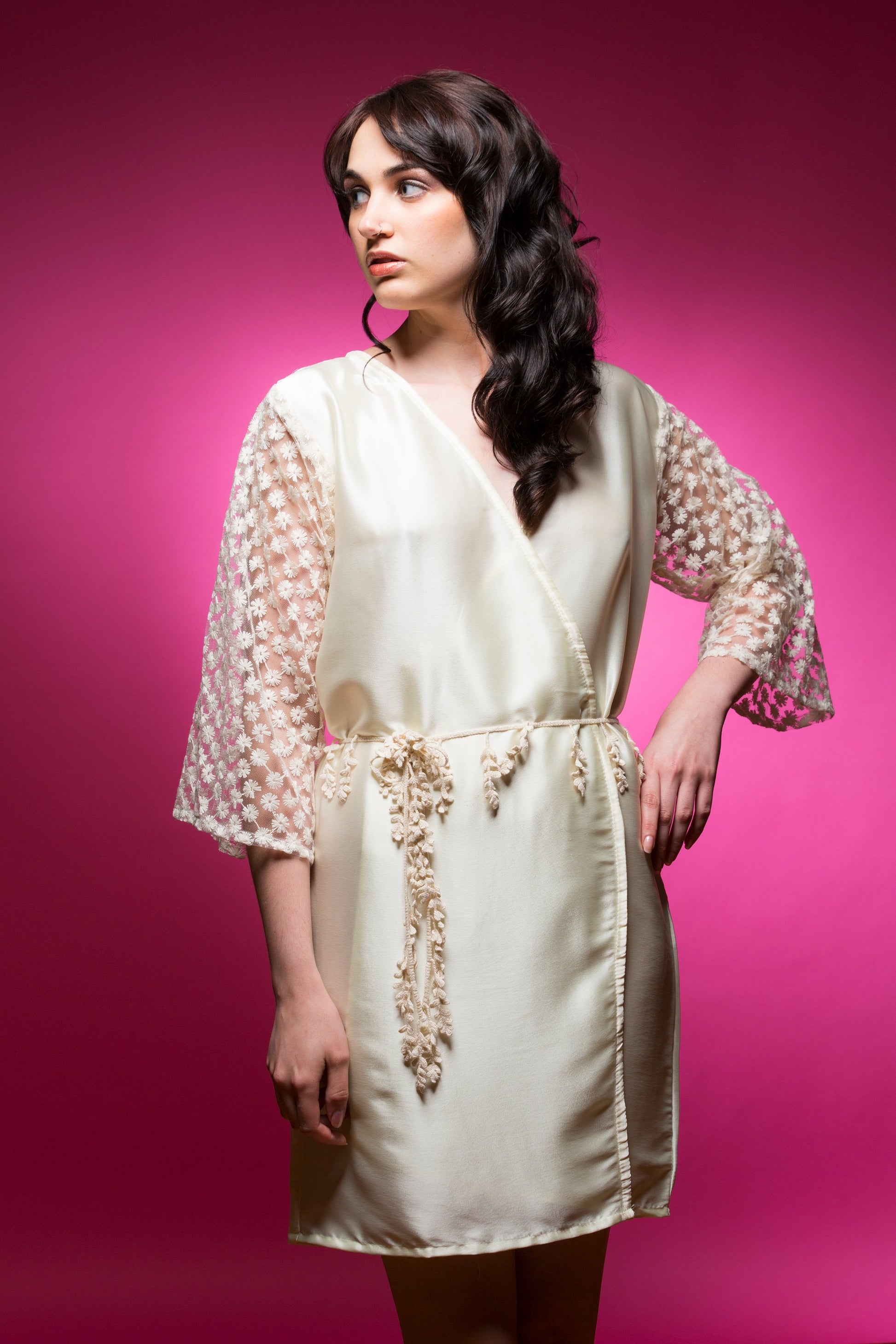 Ivory Satin Robe with Full Length Lace Sleeves-2