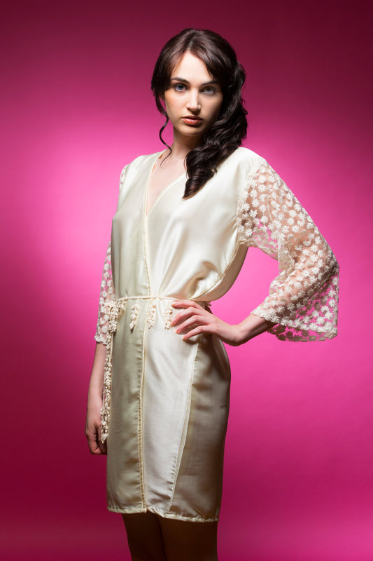Ivory Satin Robe with Full Length Lace Sleeves-0