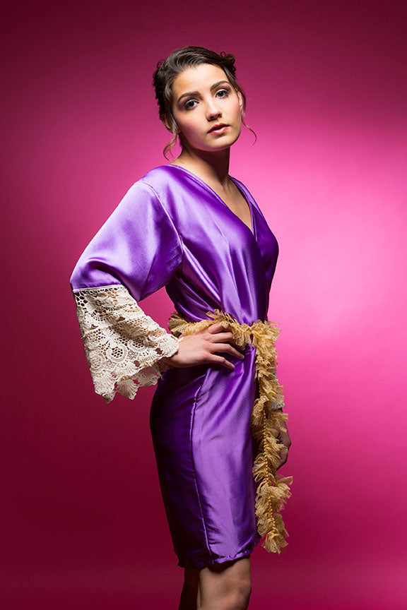 Amethyst Purple Satin Robe with Lace Accented Cuffs-4