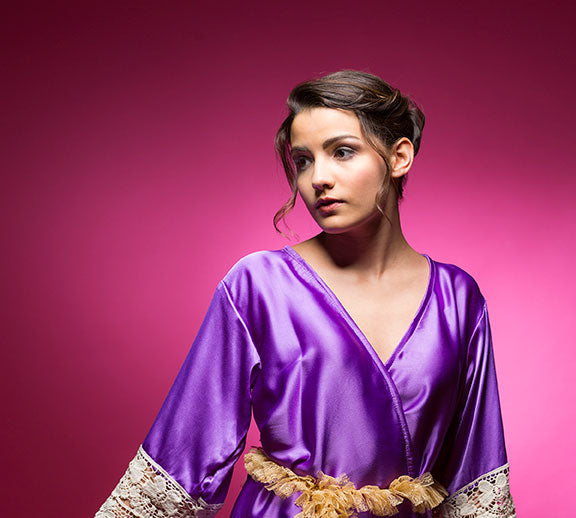 Amethyst Purple Satin Robe with Lace Accented Cuffs-2