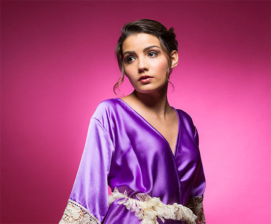Amethyst Purple Satin Robe with Lace Accented Cuffs-0