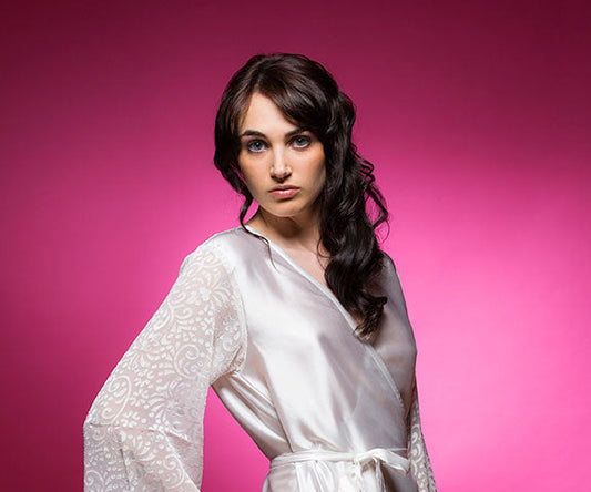 Off White Satin Robe with Brasso Sleeves-0