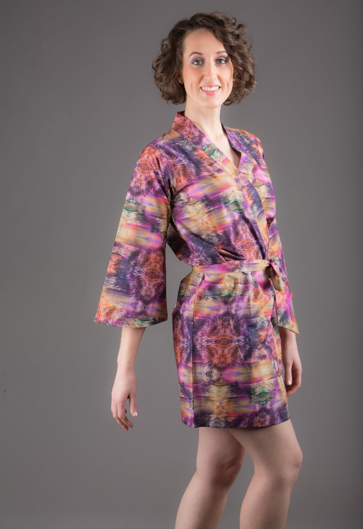Purple Silk/Cotton Blend Digital Print Floral Knee Length, Kimono Crossover Belted Robe-1