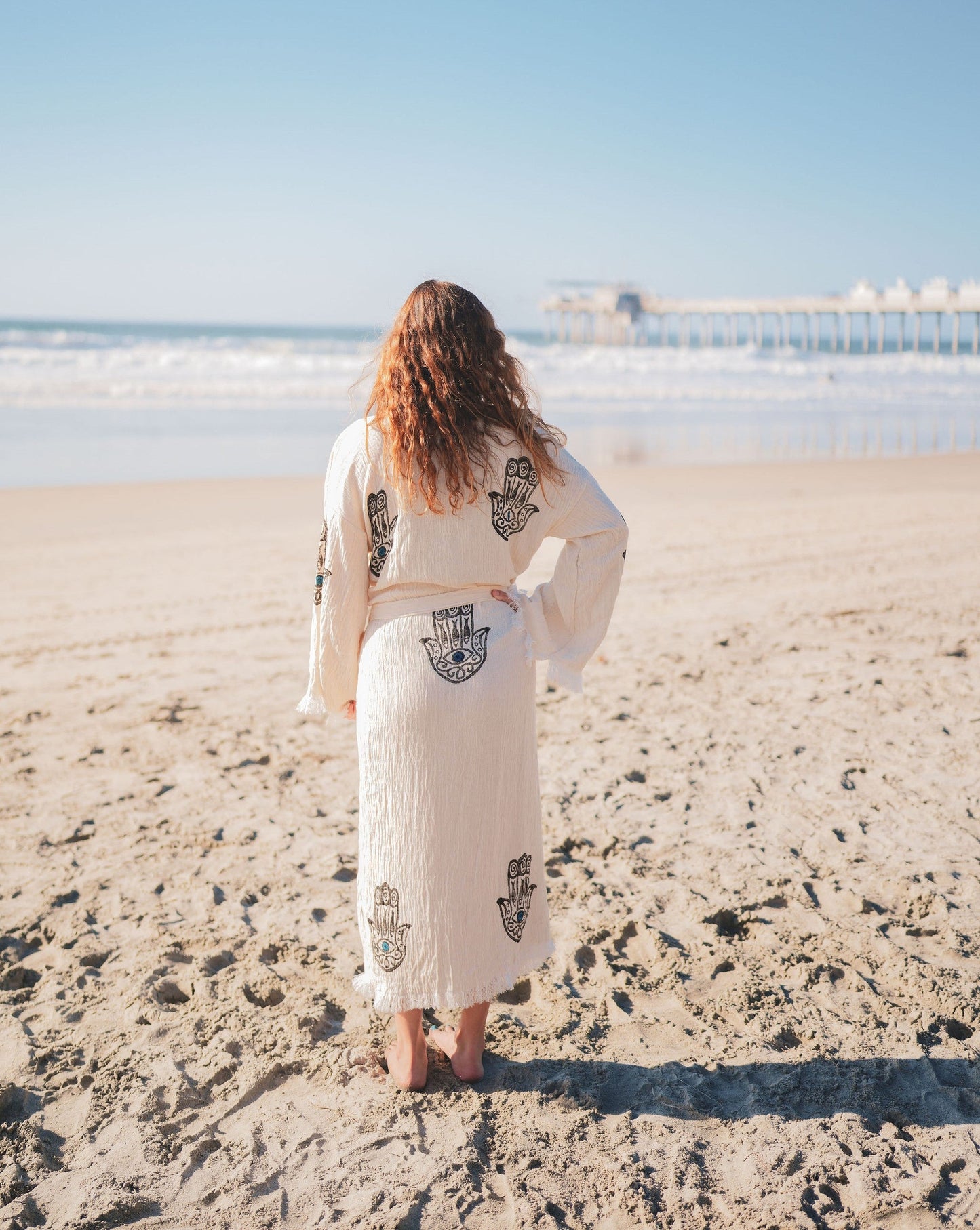 MUSLIN COTTON KIMONO BATHROBE HAMSA HAND PRINT-1